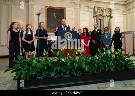 Washington, États-Unis. 01 août 2024. Le président américain Joe Biden prononce un discours sur la libération des Américains détenus en Russie dans la salle à manger d'État de la Maison Blanche à Washington, DC, le jeudi 1er août 2024. Photo de Ken Cedeno/UPI . Crédit : UPI/Alamy Live News Banque D'Images