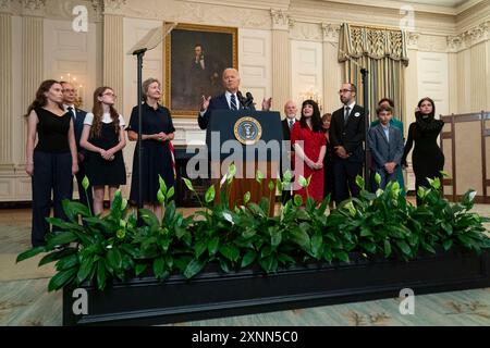 Washington, États-Unis. 01 août 2024. Le président américain Joe Biden prononce un discours sur la libération des Américains détenus en Russie dans la salle à manger d'État de la Maison Blanche à Washington, DC, le jeudi 1er août 2024. Photo de Ken Cedeno/Pool/ABACAPRESS. COM Credit : Abaca Press/Alamy Live News Banque D'Images