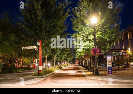 Carmel, Indiana - 25 juillet 2024 : scène de rue nocturne de Carmel Indiana, dans la banlieue du midwest, le long du Monon Trail près du Arts and Design Distr Banque D'Images