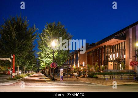 Carmel, Indiana - 25 juillet 2024 : scène de rue nocturne de Carmel Indiana, dans la banlieue du midwest, le long du Monon Trail près du Arts and Design Distr Banque D'Images