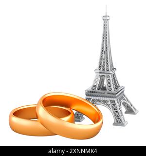 La Tour Eiffel avec des anneaux de mariage. Voyage mariage, lune de miel à Paris, concept. Rendu 3D isolé sur fond blanc Banque D'Images