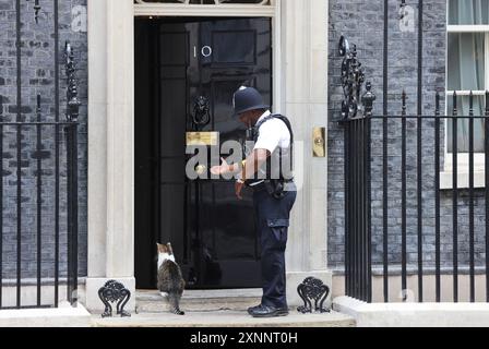 Larry le receveur de souris résident No.10 attendant d'être laissé entrer par British bobby sur Downing Street, Westminster, Londres, Royaume-Uni Banque D'Images