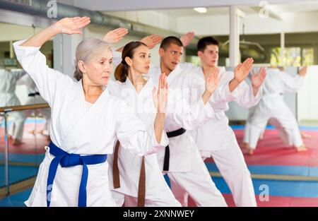 Femme âgée pratiquant des coups de poing pendant l'entraînement en groupe d'arts martiaux Banque D'Images