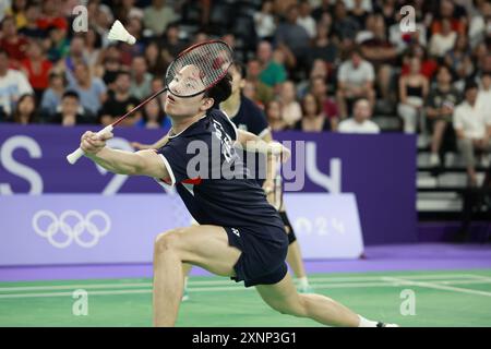 Paris, France. 1er août 2024. SEO Seung Jae (avant)/Chae Yu Jung de Corée du Sud concourent lors du match de demi-finale de badminton en double mixte contre Kim Won Ho/Jeong Na Eun de Corée du Sud aux Jeux Olympiques de Paris 2024 à Paris, France, le 1er août 2024. Crédit : Ren Zhenglai/Xinhua/Alamy Live News Banque D'Images