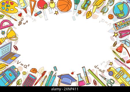 Illustration vectorielle colorée de frontière à thème scolaire avec des fournitures et des outils éducatifs. Cadre d'école Illustration de Vecteur