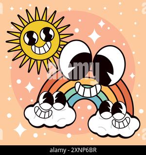 Vecteur de personnage de dessin animé arc-en-ciel et soleil groovy Illustration de Vecteur