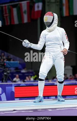 Paris, France. 26 juillet 2024. PARIS, FRANCE - JUILLET 27 : Aya Hussein d'Egypte pendant l'Epéé féminin pendant les Jeux Olympiques d'escrime Paris 2024 le jour 1 au Grand Palais le 27 juillet 2024 à Paris, France. (Daniela Porcelli/SPP) crédit : SPP Sport Press photo. /Alamy Live News Banque D'Images