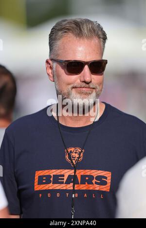 Canton, États-Unis. 01 août 2024. Matt Eberflus, entraîneur-chef des Chicago Bears, se tient sur la touche avant le match du Pro Football Hall of Fame contre les Texans de Houston à Canton, Ohio, le jeudi 1er août 2024. Photo de Aaron Josefczyk/UPI crédit : UPI/Alamy Live News Banque D'Images