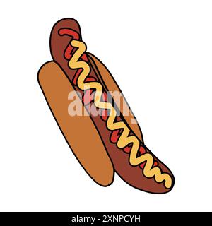 Hotdog avec saucisse plus grande que le pain avec ketchup et moutarde Illustration de Vecteur