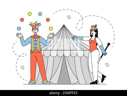 Concept d'artistes de cirque. L'homme jongle des boules colorées et la femme pose près de tente. Divertissement et loisirs. Exécution de clown et jongleur. Vecteur linéaire Illustration de Vecteur