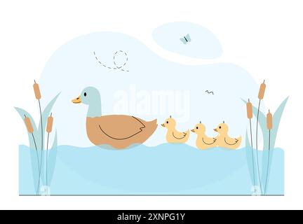 Canards au lac. Oiseaux nageant dans l'eau près des roseaux et des nénuphars. Pack, mère et enfants. Faune sauvage. Lac tranquille au printemps. Vecteur linéaire Illustration de Vecteur