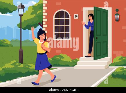 La fille va à l'école. L'écolière dit au revoir à sa mère. Un élève ou un élève de l'école élémentaire va à l'éducation et à la formation. L'enfant va à la maternelle Illustration de Vecteur