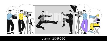 Scène de production cinématographique. Réalisateur et caméraman film Fighting men. Tournage de films et de séries télévisées en studio. Industrie du divertissement, cinéma. Vecteur linéaire Illustration de Vecteur