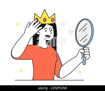 Concept de femme narcissique. La jeune fille en couronne regarde son reflet dans le miroir. Personne avec une haute estime de soi et autoflove. Femme d'affaires confiante Illustration de Vecteur