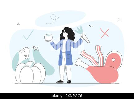 Femme avec un régime végétarien. Fille avec la tomate et la carotte dans les mains refuse les produits de viande. Alimentation saine et alimentation appropriée. Activiste et bénévole. Linéaire Illustration de Vecteur