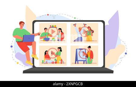 Homme avec sélection vidéo. Le jeune gars regarde la vidéo sur Internet. Multimédia et broadcast. Personne avec divertissement, plaisir et loisirs. Vecteur plat Illustration de Vecteur