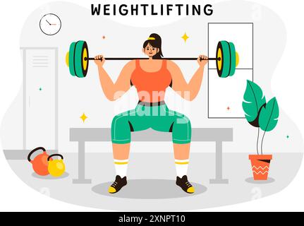 Illustration vectorielle sportive d'haltérophilie mettant en vedette un athlète soulevant une haltère lourde avec un équipement de gymnastique et un entraînement de bodybuilder en fond plat Illustration de Vecteur