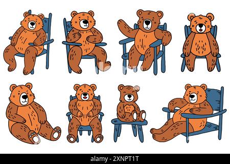 Un ensemble de six ours en peluche sont assis dans des chaises. Les chaises sont de différentes tailles et styles. Les ours sont tous souriants et semblent profiter de leur Illustration de Vecteur