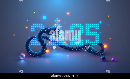 Serpent robot avec IA enroulé autour du nombre de la nouvelle année 2025. Carte de voeux de Noël et du nouvel an avec serpent robot, chiffres 2025 dans les ordinateurs numériques el Illustration de Vecteur