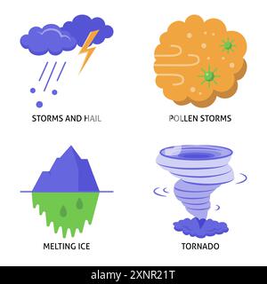 Jeu d'icônes plates pour les impacts du réchauffement climatique. Catastrophes naturelles causées par le changement climatique. Illustration vectorielle. Illustration de Vecteur