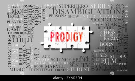 Prodige comme un sujet complexe, lié à des sujets importants se propageant autour d'un nuage de mots. Banque D'Images