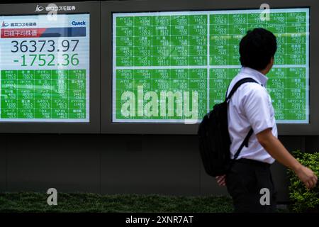 Tokyo, Japon. 2 août 2024. Un piéton passe devant un écran affichant des informations boursières en temps réel à Tokyo, Japon, le 2 août 2024. L'indice boursier Nikkei de référence du Japon a connu vendredi sa plus forte baisse en un jour de l'année, également la deuxième plus importante de l'histoire. Il a également marqué la plus forte baisse en plus de 36 ans depuis une chute de 3 836 points sur Oct. 20, 1987, le lendemain du crash du lundi noir. La moyenne des actions Nikkei de 225 numéros a terminé la journée à 35 909,70, en baisse de 2 216,63 points ou 5,81% par rapport à jeudi. Crédit : Zhang Xiaoyu/Xinhua/Alamy Live News Banque D'Images