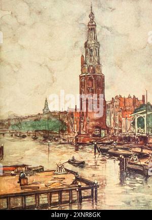 Montelbaanstoren, Amsterdam illustration en couleur de la série Hollande de Nico Jungman Nicolaas Wilhelm Jungmann (en Angleterre fréquemment orthographié Jungman ; 5 février 1872 – 14 août 1935) est un peintre anglo-néerlandais de paysages et de sujets figuratifs, illustrateur de livres et décorateur. Publié en 1913 Banque D'Images