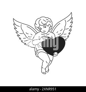 Glam ailé Cupidon ange bébé garçon volant avec coeur Y2K rétro icône de ligne noire illustration plate vectorielle. Mignon petit saint saint ciel personnage amour AM Illustration de Vecteur