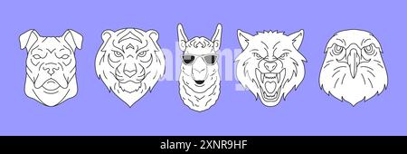 Y2K animal comique mode psychédélique pop art portrait contour icône set vecteur plat illustration. Drôle de chien tigre lama dans des lunettes de soleil loup aigle contemp Illustration de Vecteur