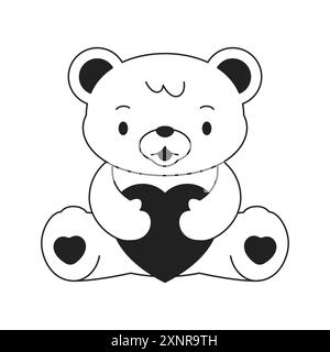 Y2K Kawaii jouet ours mignon avec coeur glam contour noir icône illustration plate vectorielle. Adorable personnage de dessin animé en peluche psychédélique amour néo gothique mon Illustration de Vecteur
