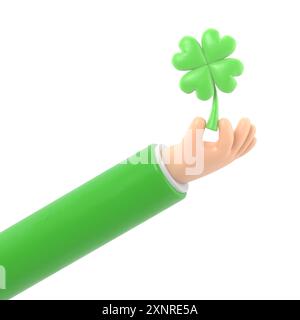 Icône de geste de dessin animé Mockup.3d icône main tenant la feuille de trèfle. Bras d'affaires avec Shamrock vert, symbole de chance et de succès, rendu 3D sur backgroun blanc Banque D'Images