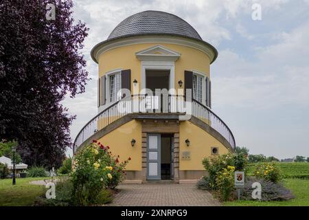 Standesamt in Kleinniedesheim, Palatinat , Deutschland, Rhénanie-Palatinat, Kleinniedesheim, Standesamt, Pavillion, 01.08.2024, Das Bild zeigt das Standesamt à Kleinniedesheim, Pfalz. Ein historisches, gelbes Gebäude mit Rundturm, symtrischer Treppe und blühenden Rosen im Vordergrund. *** Bureau d'enregistrement à Kleinniedesheim, Palatinat, Allemagne, Rhénanie-Palatinat, Kleinniedesheim, bureau d'enregistrement, pavillon, 01 08 2024, la photo montre le bureau d'enregistrement de Kleinniedesheim, Pfalz Un bâtiment historique jaune avec une tour ronde, escalier symétrique et fleurs de roses au premier plan Banque D'Images