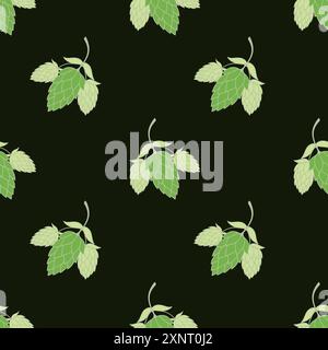 Plante de houblon avec des cônes et des feuilles motif sur fond vert foncé. Illustration vectorielle Illustration de Vecteur