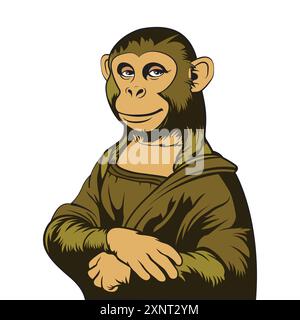 Joli singe souriant habillé et posant comme le célèbre tableau de mona lisa. Illustration vectorielle drôle pour tshirt, site Web, clip art, affiche et impression sur de Illustration de Vecteur