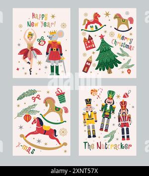 Bonne année Nutcrackers Vector bannières définies sur fond clair. Carte postale. Ballet Tchaïkovski. Illustration de Noël. Illustration de Vecteur