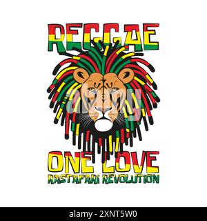 Un lion rastafarien cool avec des dreadlocks colorés et une citation motivante reggae One Love rastafari Revolution. Tshirt d'illustration vectorielle Illustration de Vecteur