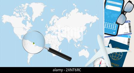 La Guyane française est agrandie au-dessus d'une carte du monde, illustration avec avion, passeport, carte d'embarquement, boussole et lunettes. Illustration vectorielle. Illustration de Vecteur