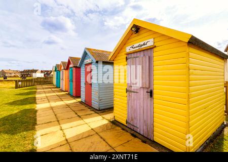 Cabanes de plage multicolores et colorées hangars au bord de la mer amble Northumberland UK Banque D'Images