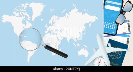 Grenade est agrandie sur une carte du monde, illustration avec avion, passeport, carte d'embarquement, boussole et lunettes. Illustration vectorielle. Illustration de Vecteur