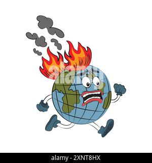 Joyeux jour de la Terre. Sauvez la nature. Pollution de l'environnement mondial. Réchauffement climatique. Globe en feu. Concept d'écologie illustration vectorielle drôle isolé sur whit Illustration de Vecteur