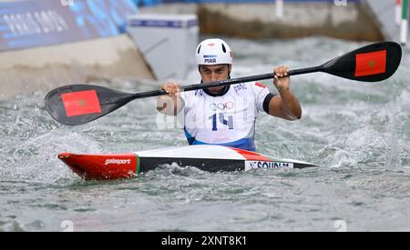 Paris, France. 01 août 2024. Jeux Olympiques de Paris 2024. Canoë Slalom. Stade nautique olympique. Paris. Mathis Soudi (Mar) dans la compétition de kayak simple masculin lors des Jeux olympiques de Paris 2024 au stade olympique nautique, France. Crédit : Sport in Pictures/Alamy Live News Banque D'Images