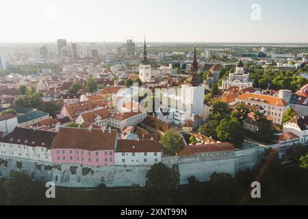 Vue aérienne emblématique de la vieille ville de Tallinn par un matin d'été ensoleillé. Olaf's, créé Michael's Church, Alexander Nevsky Cathedral, Defensive wa Banque D'Images