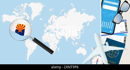 Arizona est agrandie sur une carte du monde, illustration avec avion, passeport, carte d'embarquement, boussole et lunettes. Illustration vectorielle. Illustration de Vecteur