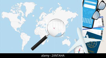 Népal est agrandie sur une carte du monde, illustration avec avion, passeport, carte d'embarquement, boussole et lunettes. Illustration vectorielle. Illustration de Vecteur