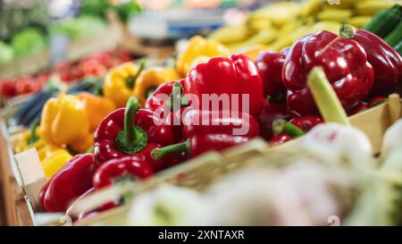 Poivrons rouges biologiques cultivés localement sur un comptoir d'un marché agricole. Sans pesticides sans produits chimiques légumes cultivés naturellement et autres produits biologiques d'une ferme locale. Gros plan vidéo Banque D'Images