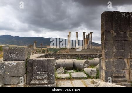 Vaste complexe de ruines de la ville romaine Volubilis - de l'ancienne capitale mauritanienne. Banque D'Images