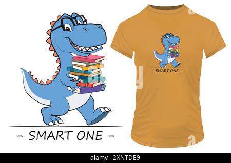 Dessin animé drôle d'un dinosaure intelligent heureux marchant avec des livres dans les mains avec une citation intelligente. Illustration vectorielle pour tshirt, site Web, clip art, affiche Illustration de Vecteur