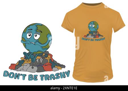 Jour de la Terre. Sauvez la planète. Triste globe terrestre assis sur un tas de déchets. Air, eau, pollution des sols. Illustration vectorielle pour tshirt POD merch Illustration de Vecteur