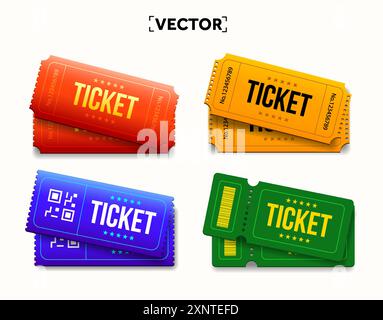 Modèle de ticket 3D défini dans une couleur différente avec code QR, code à barres, isolé sur fond blanc. icône de billet 3d ou symbole pour avion ou train, film ou concert. Illustration vectorielle. Illustration vectorielle Illustration de Vecteur