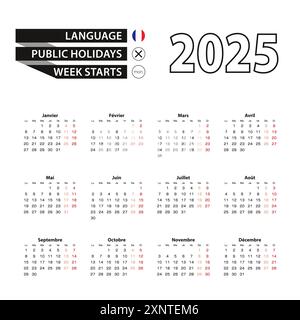 Calendrier 2025 en langue française, la semaine commence le lundi. Calendrier vectoriel 2025 année. Illustration de Vecteur